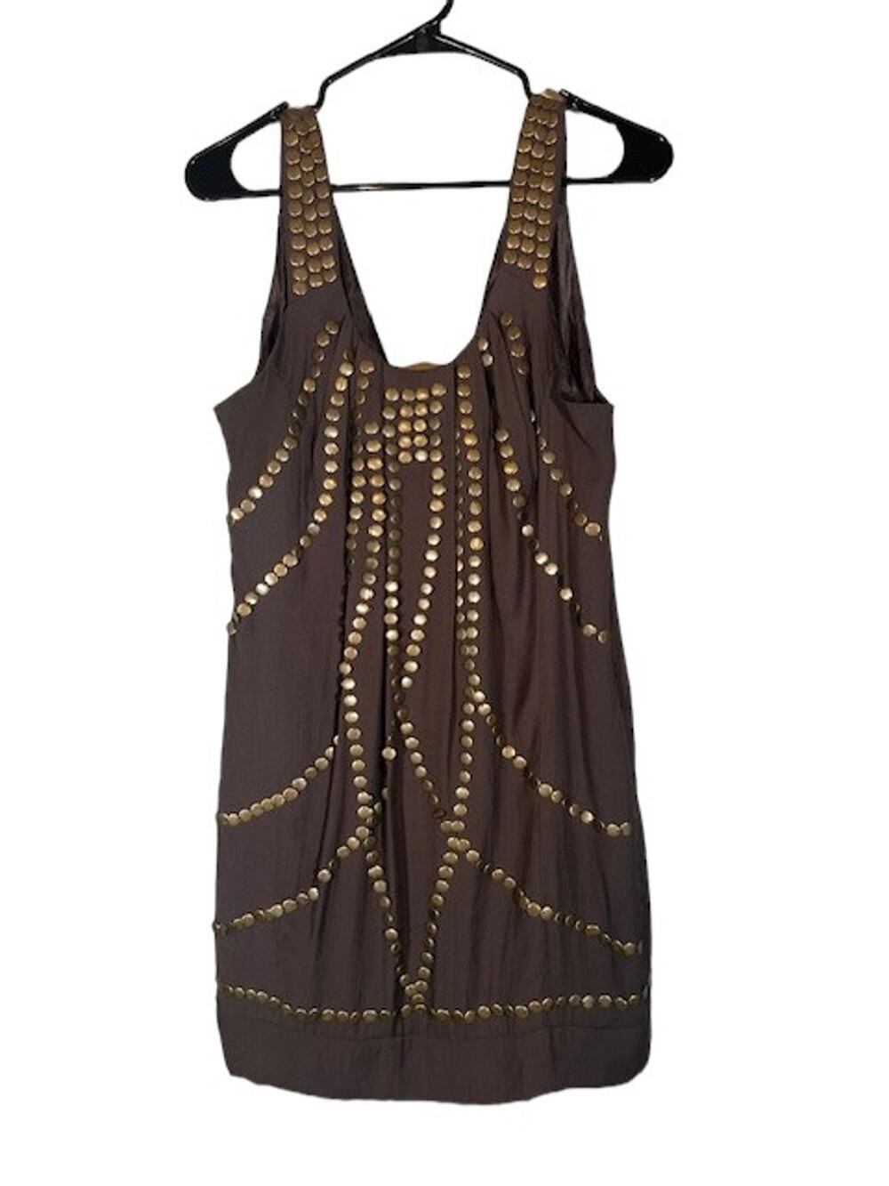 Lulumari Brown Sleeveless Gold Riveted Pleated Mini Dress Women Sz L
